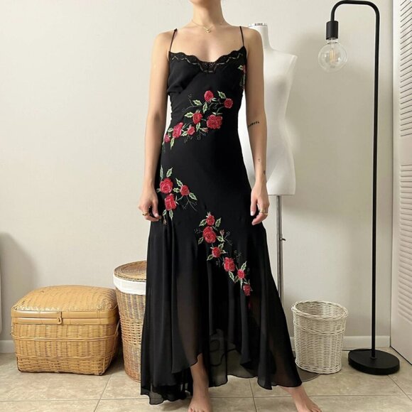 Vintage Sue Wong Silk Beaded Red Rose Embroidered Lace Maxi Dress size 6 Y2K - Picture 11 of 13